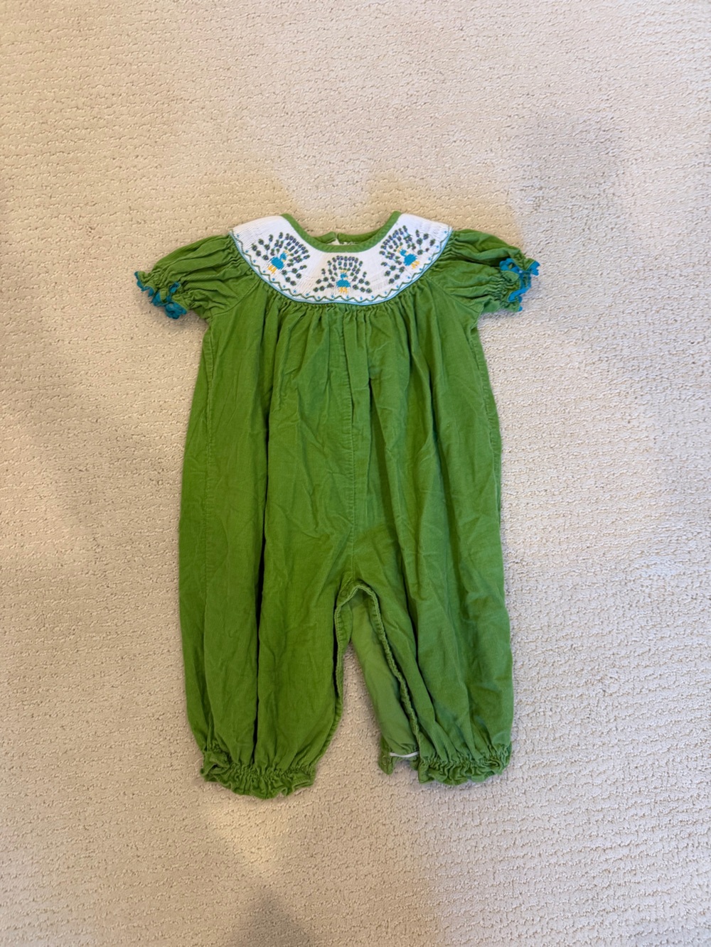 Green Smocked Embroidered Kids One-Piece Romper